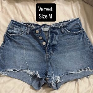 Vervet High-Rise Distressed Denim Shorts in Medium Blue